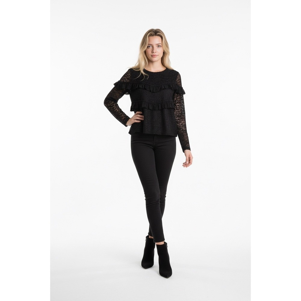 Sezane Black Lace Ruffle Blouse Long Sleeve Sheer Floral Top Size XXS 209